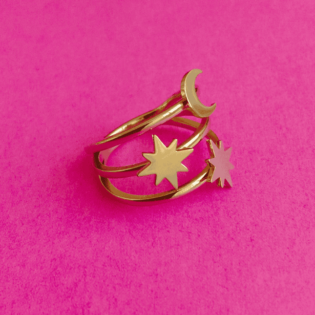 Anillo ASTRAL Estrellas y Luna Dorado