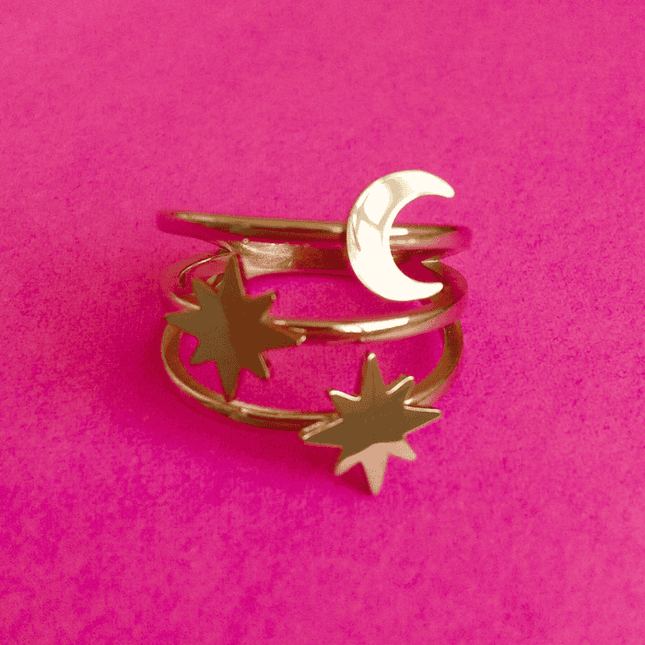 Anillo ASTRAL Estrellas y Luna Dorado
