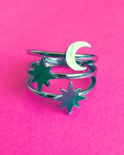 Anillo ASTRAL Estrellas y Luna Plateado