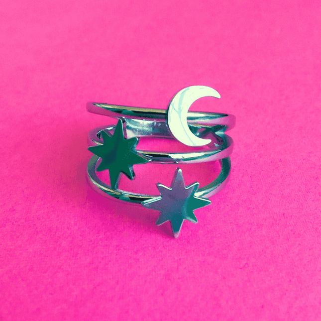 Anillo ASTRAL Estrellas y Luna Plateado