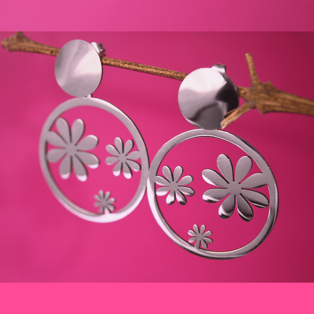 Pendientes ARO con FLORES Margaritas Plateado