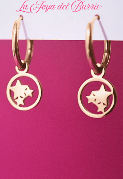 Pendientes Aro con TRÍO de ESTRELLAS Colgando Dorado