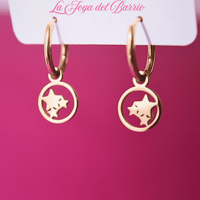 Pendientes Aro con TRÍO de ESTRELLAS Colgando Dorado