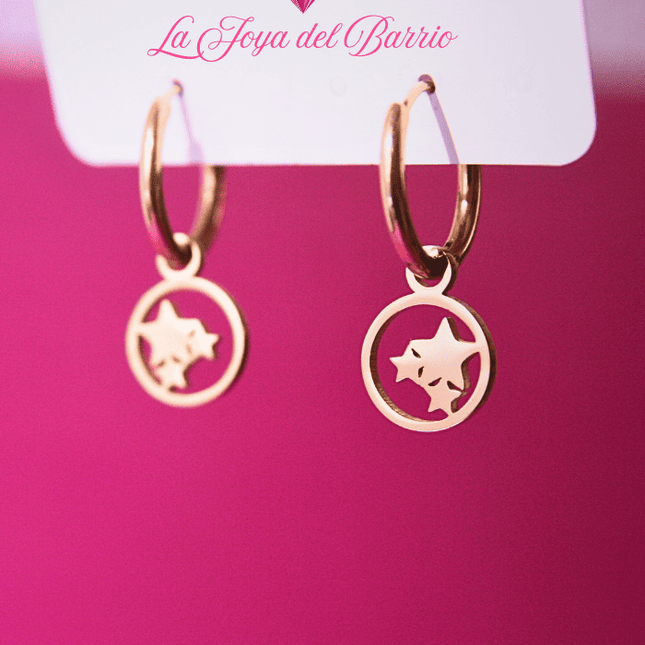 Pendientes Aro con TRÍO de ESTRELLAS Colgando Dorado